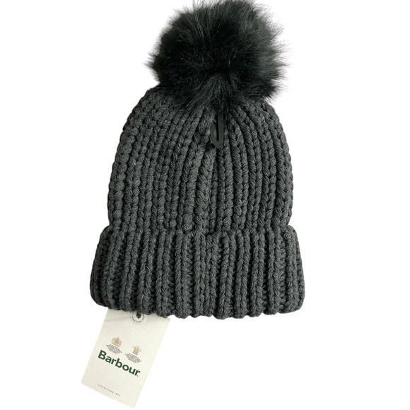 Barbour Saltburn Faux Fur Pom-Pom Beanie Hat Gray Knit Leather Outdoors Ski - Picture 2 of 9